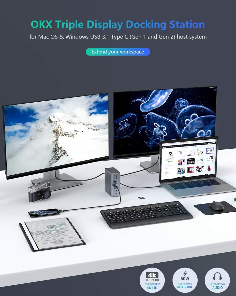 OKX 4K Triple Display Laptop Docking Station for Mac/Windows, USB,  HDMI, SD
