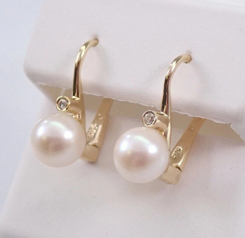 Серьги-подвески с белым жемчугом круглой огранки 3 карата покрытие желтым золотом 14 карат - Изображение 4 из 4