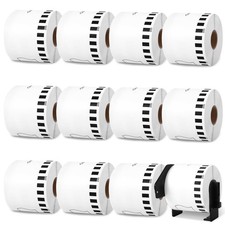 12 Rolls DK-2205 62mm x 30.48m White Paper Label Tape Roll Compatible with Broth
