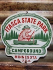 VINTAGE CAMPGROUND PORCELAIN SIGN OLD ITASCA STATE PARK MINNESOTA BEAR FISHING