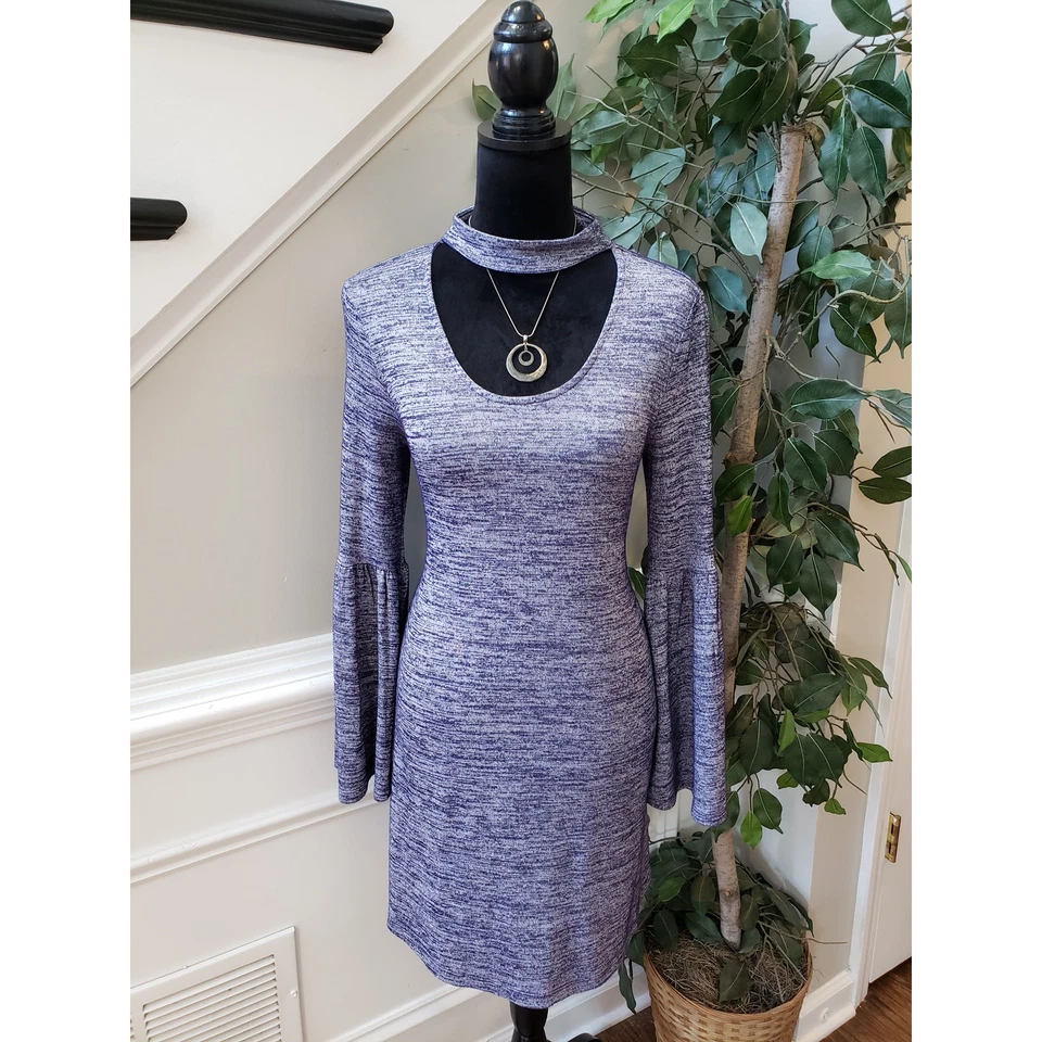 Kensie Mini Dress Women's Small Heather Purple Bell Sleeve Choker Neck Pullover - Image 2 of 4