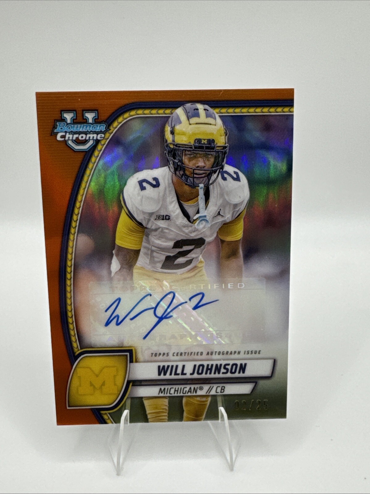 2024 Bowman Chrome U Will Johnson Orange Refractor Auto RC #/25 Michigan #PA-WJO