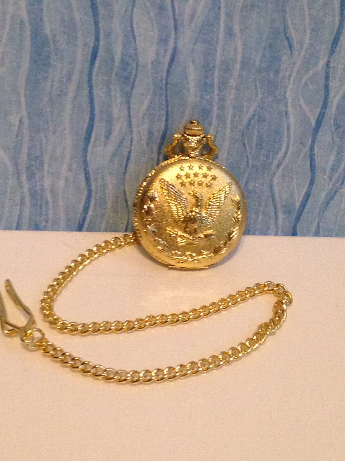 Gold tone Pocket Watch American Eagle MilitaryUSAJapan MOVTchainpre