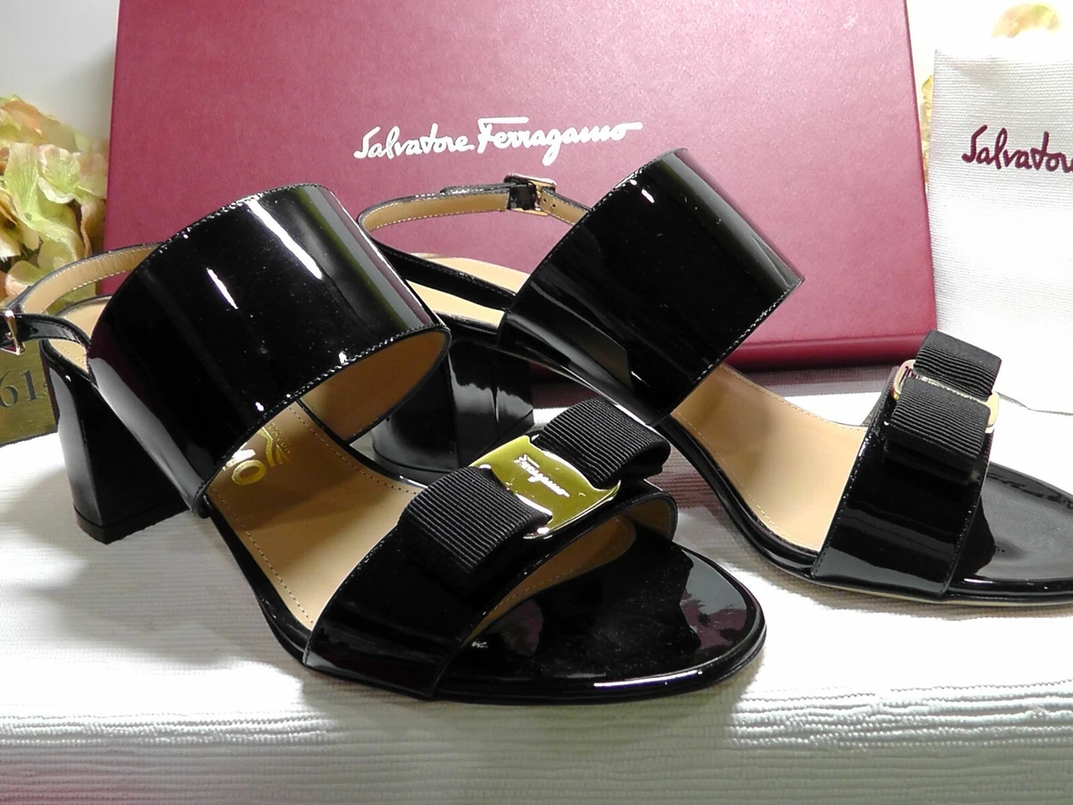 Salvatore Ferragamo Black Patent Leather Block Heel Pumps Size