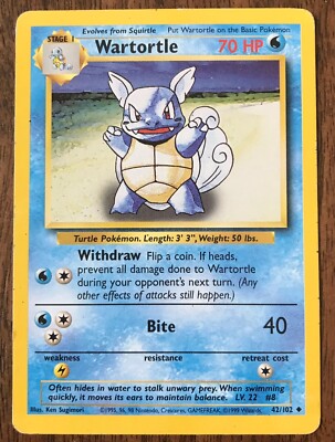 Pokemon Card, Wartortle, Stage 1, 42/102, uncommon | eBay