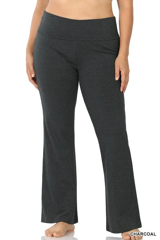 Zenana Plus Size Yoga Pants Fold Over Waist Flare Cozy Lounge Charcoal 1X  2X