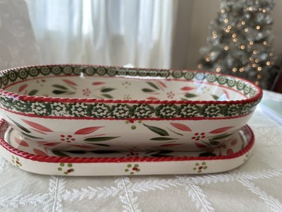 Temptations By Tara Old World 3qt Bakeware And Tray Red/green Christmas Oval