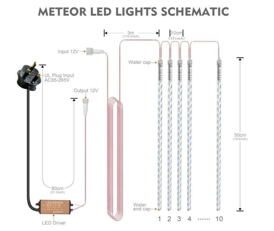 Bluefire Meteor Shower Rain Lights 50cm 10 Spiral Tubes 480 LED Lights