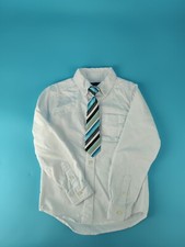 Place Boys Size 5/6 S/P Button Up Collared Dress Shirt White Striped Tie EUC