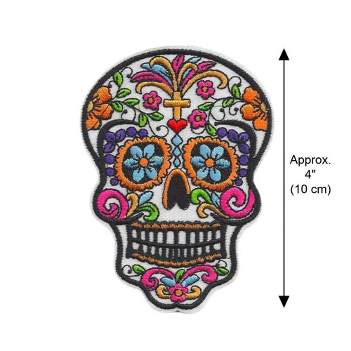 SUGAR SKULL IRON ON PATCH 4" Embroidered Applique Color Day of the Dead Skeleton - Picture 2 of 2