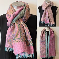 100 Silk Pink, Blue Paisley Hand-Stitched Stripes Reversible Scarf 48cm x 180cm