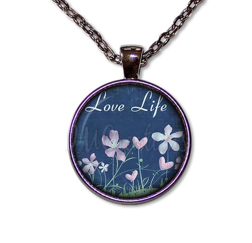 Love Life Floral Field in Blue - Handmade Round Glass Pendant Necklace - Picture 10 of 10