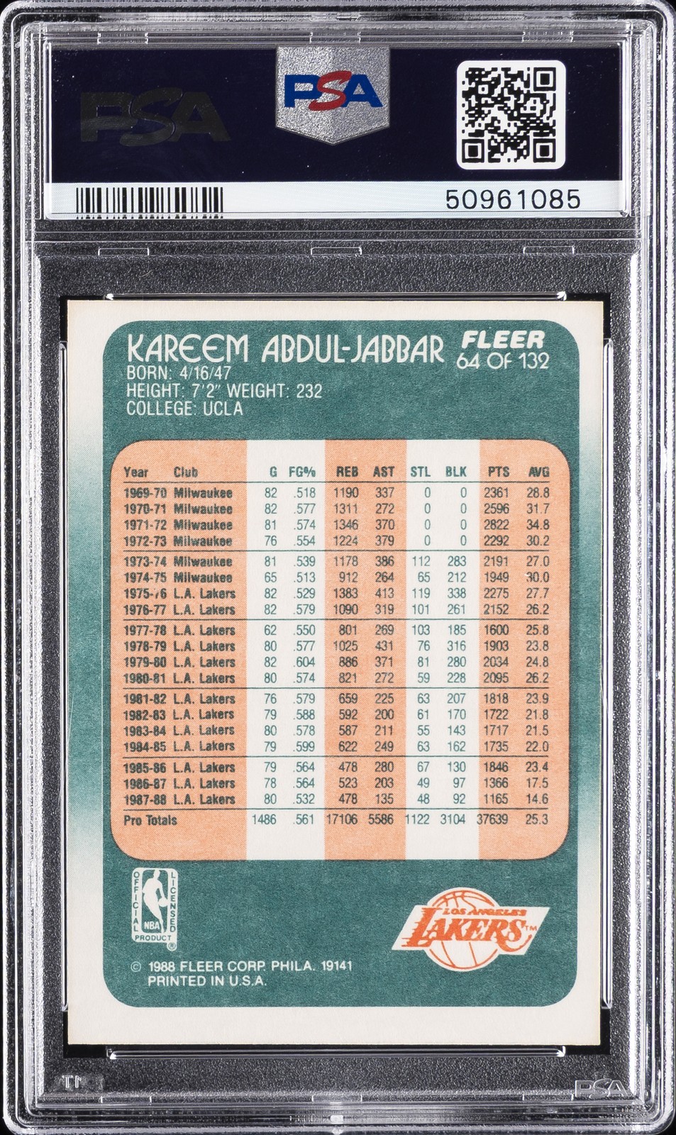 1988 FLEER #64 KAREEM ABDUL-JABBAR PSA 8 view 2