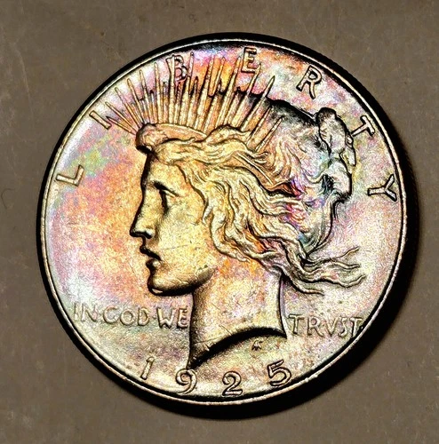 1925 P Peace Dollar TRUE MULTI RAINBOW TONED AUTHENTIC BU GENUINE SUPER RARE GEM
