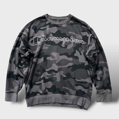 Sweat-shirt Champion Camo M oversize gris noir camouflage col rond logo écrit - Photo 1/4