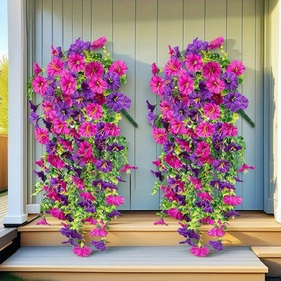 4pcs Artificial Hanging Petunia Flowers UV Resistant Fake Vines Outdoor Garden
