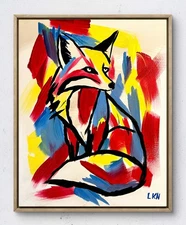 Laeknapes Original Abstract Painting 14X11 Canvas Home Expressionist Neon Fox