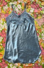 Vintage 90s Silky Satin Slippery Lingerie Lace Rose Baby Doll Blue Slip Dress S