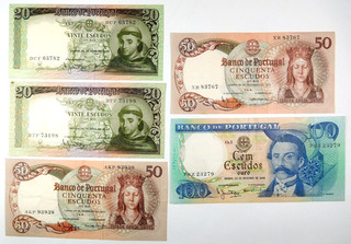 1964 & 1965 Bank of Portugal 20 50 & 100 Escudos Note Lot 5 Notes