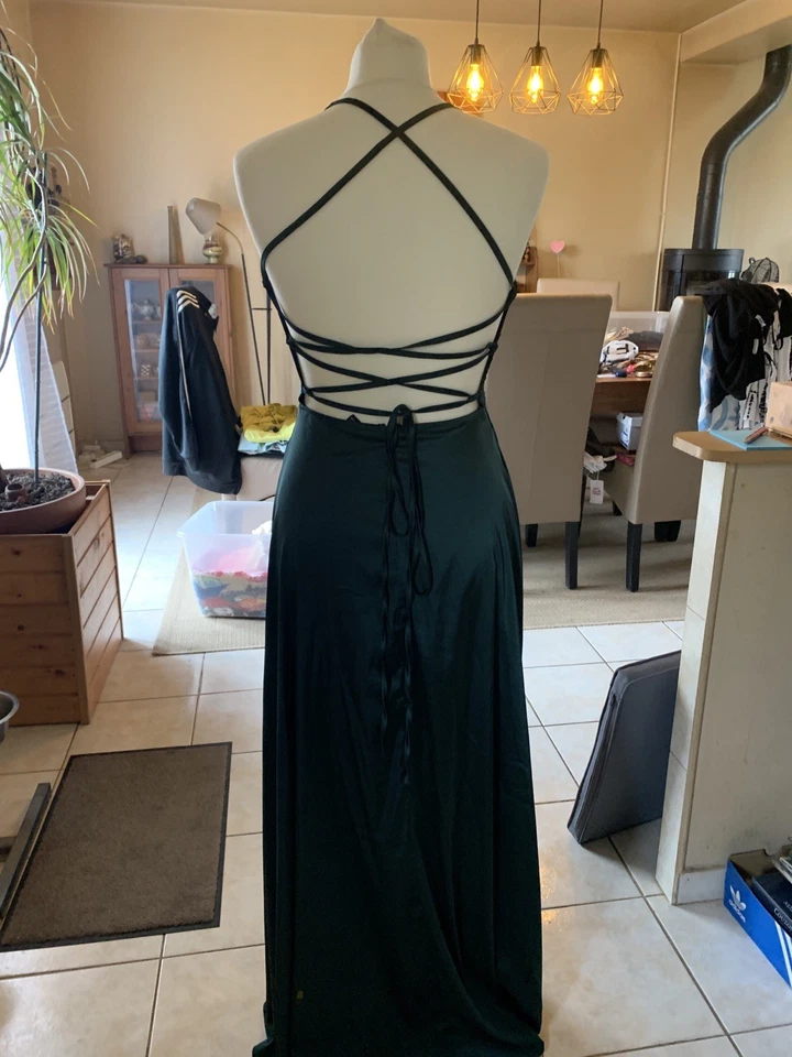 ROBE DE SOIREE LONGUE VERTE SATINÉE - Taille XS (34) - Photo 3/4