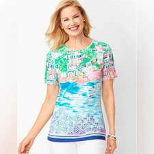 TALBOTS Destination Seaside Summer Vacation print tee shirt top M Medium Beach