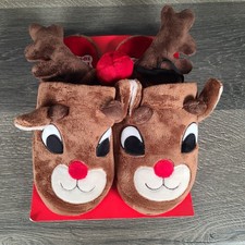 New Rudolph The Red Nose Reindeer Slippers Head antlers Nose Gift Set Adult 7