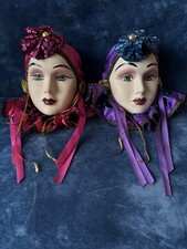 Vintage  Harlequin-style masks Porcelain hand-painted 2 Piece Wall Hanging