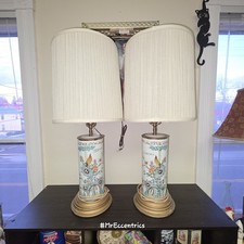 Antique Chinese Brush Pot Lamps Pair Song Bird Chinoiserie Famille Rose