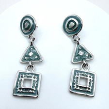 Vintage Silver-Toned Geometric Collectible Retro  Tear-Drop Dangle Earrings