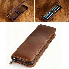 Handmade Cowhide Leather Pen Pencil Zipper Case Stationery Box Pouch Storage Bag