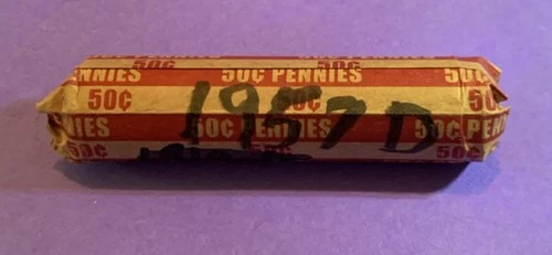 1957  D     Lincoln Wheat Penny Roll 50 Coins   G-VF