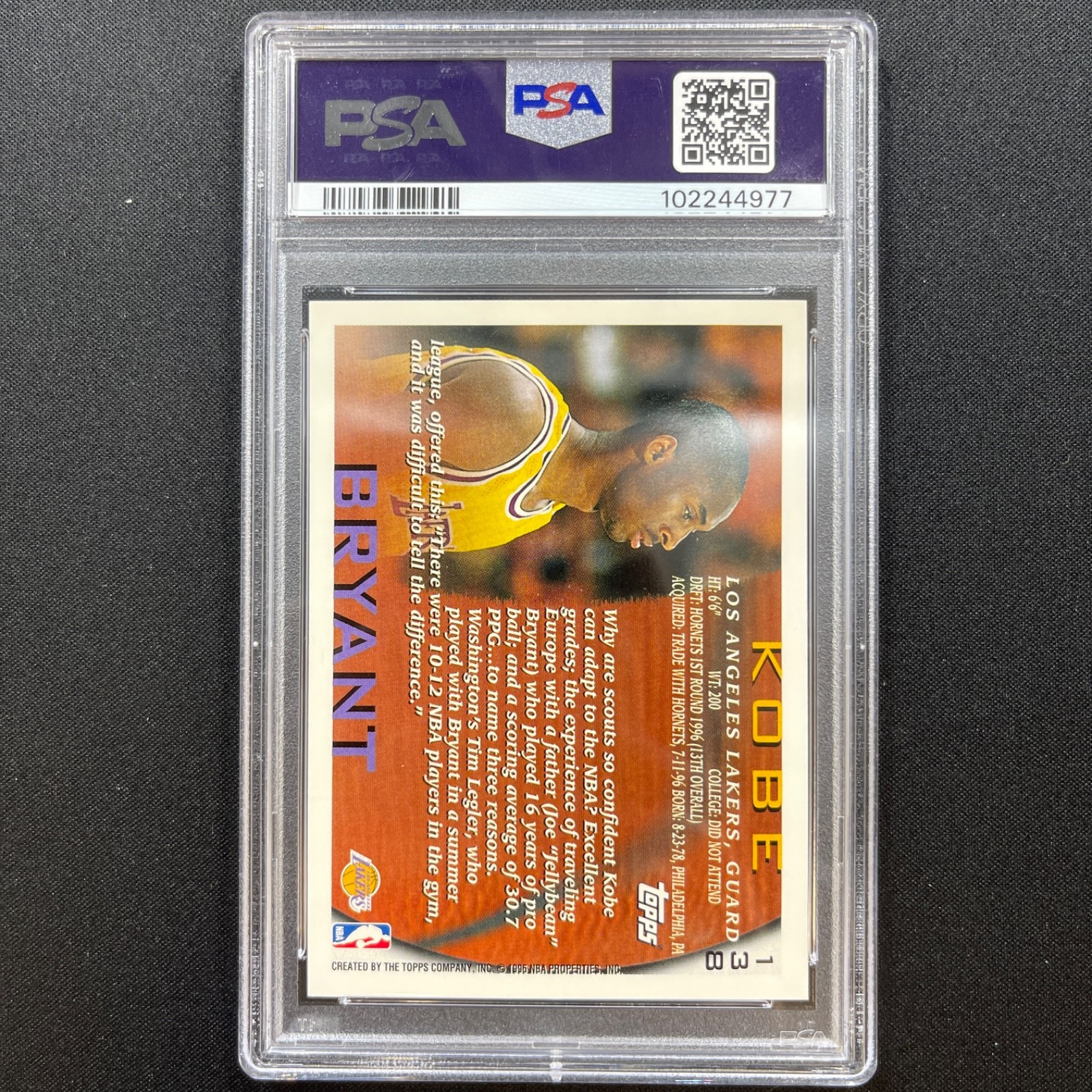 Kobe Bryant PSA 9 Rookie RC 1996 138 Lakers Topps NBA view 2