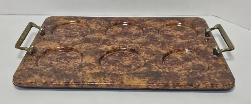 Vintage Kraftware Vinyl Drink Tray w/Metal Handles Molded Spaces Brown Marbled - Image 3 of 4