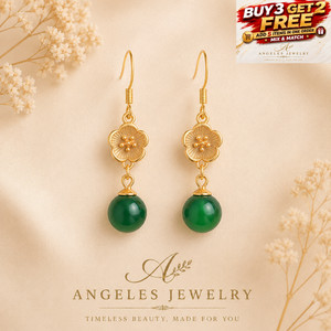 Authentic Green Jade Flower Bead Drop Earrings Boho 18K Gold Plated Hook Statement Jewelry
