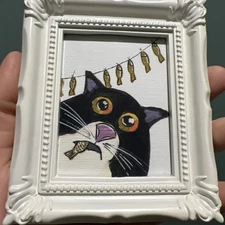Print Of My Art Funny Black Cat funny,cute,miniature Painting,small, framed