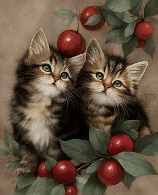 8x10 Two Kittens Sitting in Tree with Apples Art Print - 709052662