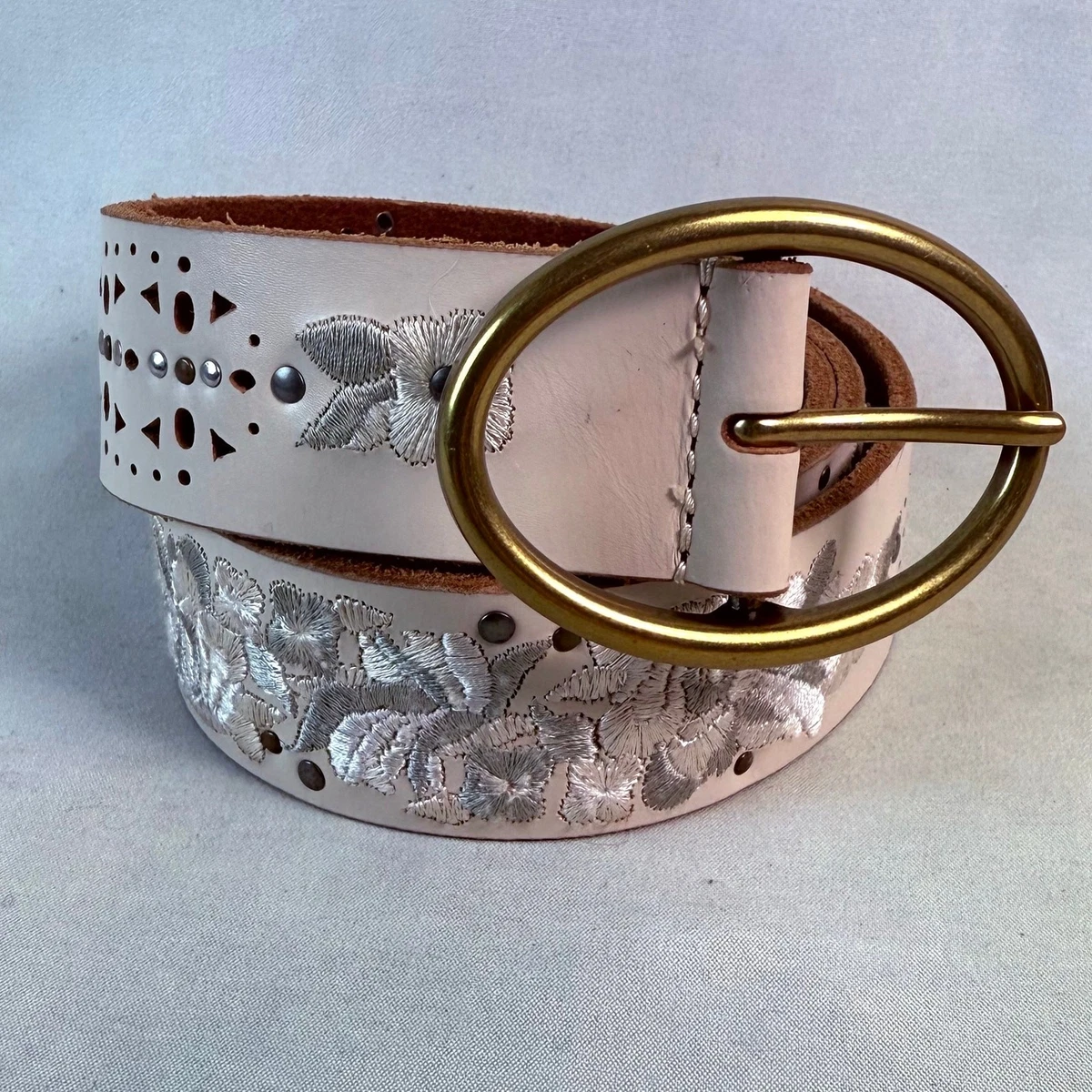 LUCKY BRAND Women\'s Belt Size XL Brown Tooled Leather White Painted Flowers Boho Stunning Vintage LUCKY BRAND Brown Leather Belt With Blue  main image 2