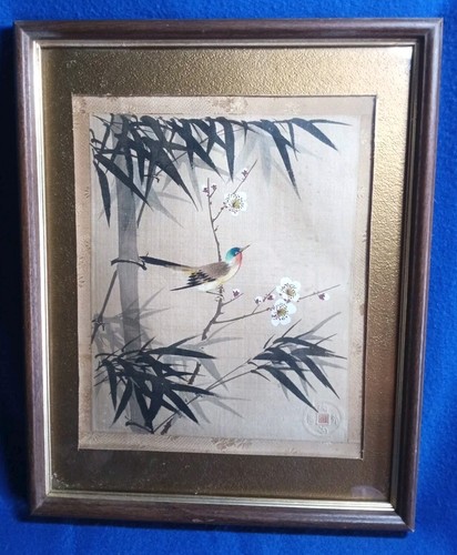Authentic Asian Antique Japanese Art Silk Painting Bird on Flower Stamped Seal