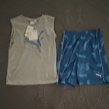 PUMA Boys Gray Graphic Sleeveless Crew Tank Blue Shorts Set Size 6
