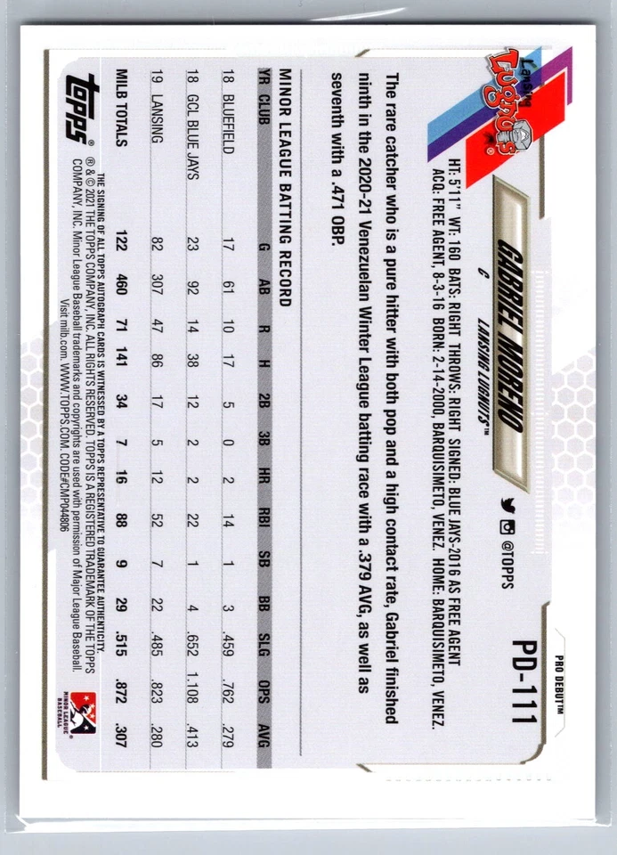 2021 Topps Pro Debut #PD-111 Gabriel Moreno Autographs - Image 2 of 2