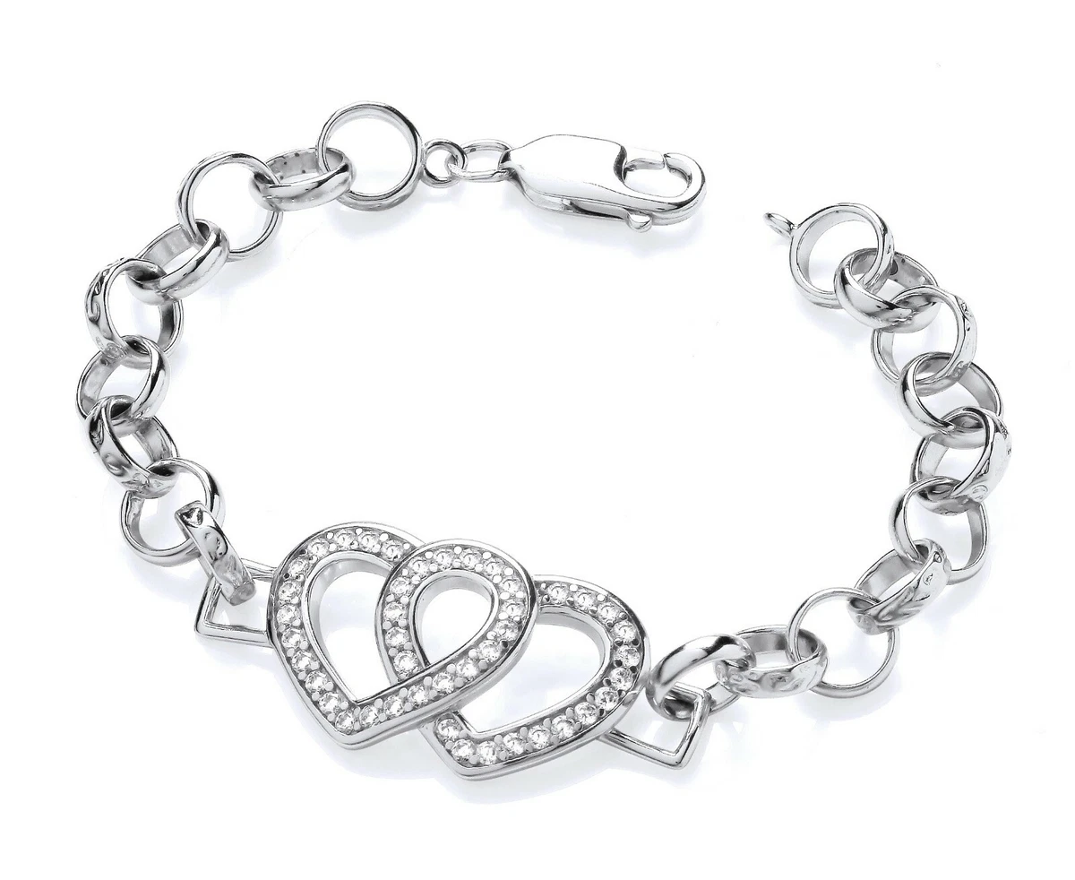 Sterling Silver Diamond HEART Belcher Bracelet LADIES 7.5 INCH