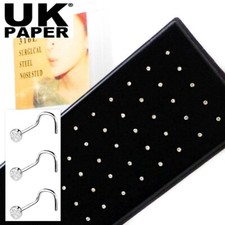 BOX SET 40 SURGICAL STEEL SILVER NOSE STUDS TINY CRYSTAL CLEAR RING GEM PIERCING