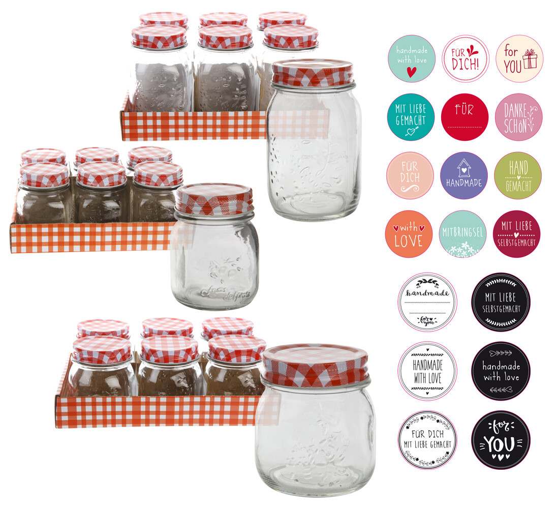 Einmachglas 6er Set Sturzglas Deckel kariert Einweckglas 46 tlg. Aufkleber