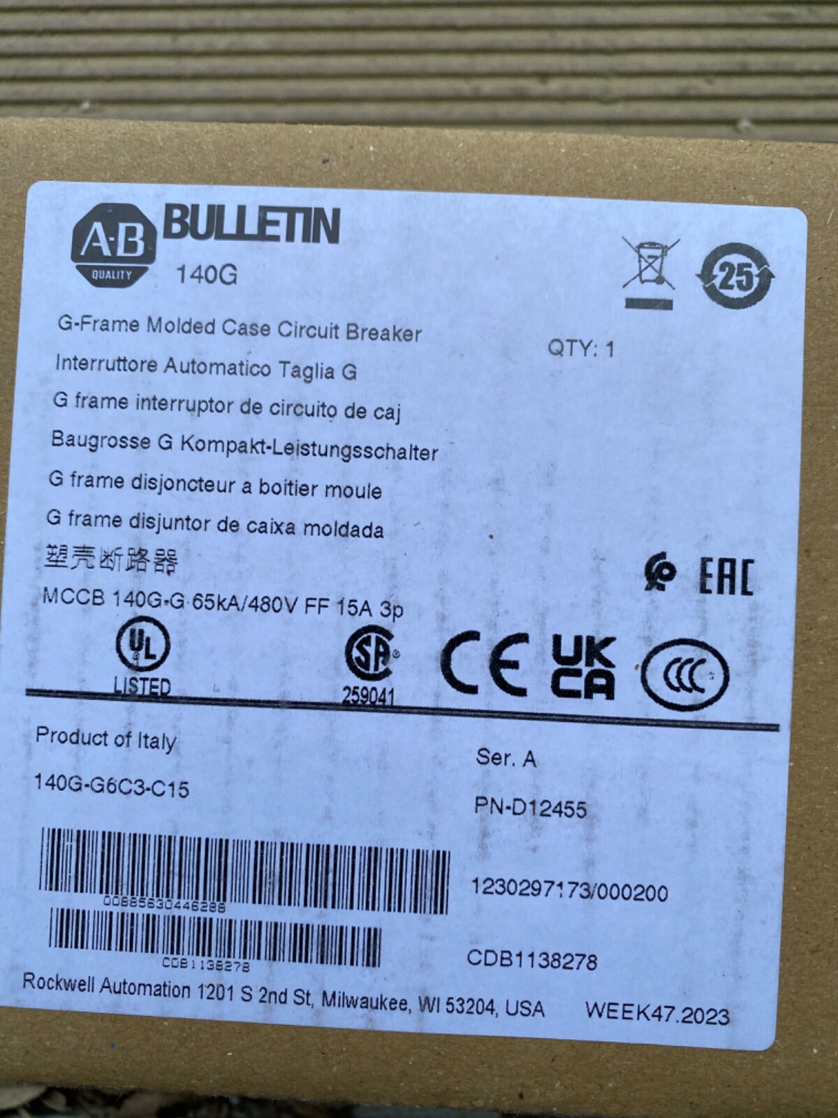 Disjoncteur Allen Bradley 140G-G6C3-C15 boîtier moulé pour protection de puissance triphasée