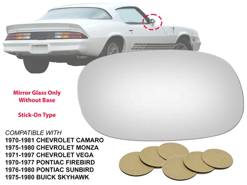 Mirror Glass W/Adhesive Pads for 1970 - 1981 Camaro Sunbird Passenger Right Side