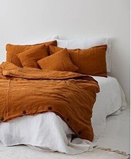 Terracotta Linen Duvet Cover Set - Queen Luxury Bohemian Bedding Button Duvets