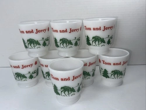 8 Vintage Hazel Atlas White Milk Glass Tom Jerry Mugs Deer Fawn Tree