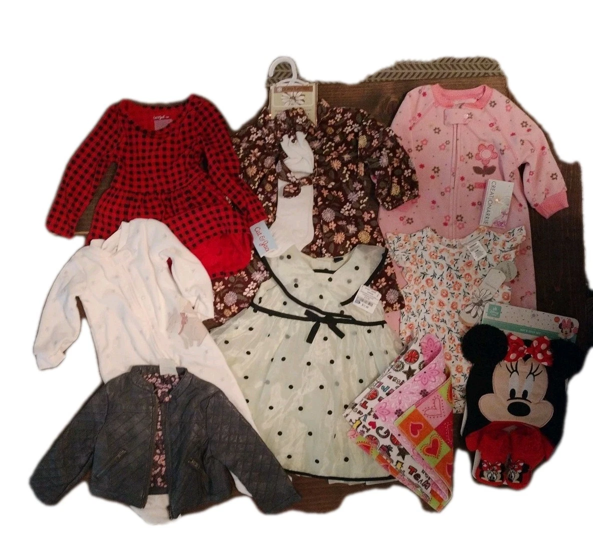 NWT & Used Girl Baby Clothes Dresses , Sleepers And Handmade Washcloths. Read