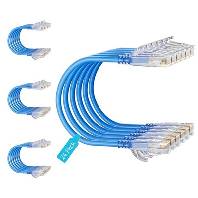 Cat6 Slim Patch Cables 0.5ft 24Pack Blue, Cat6a 10Gbps 550MHz Ethernet Cable