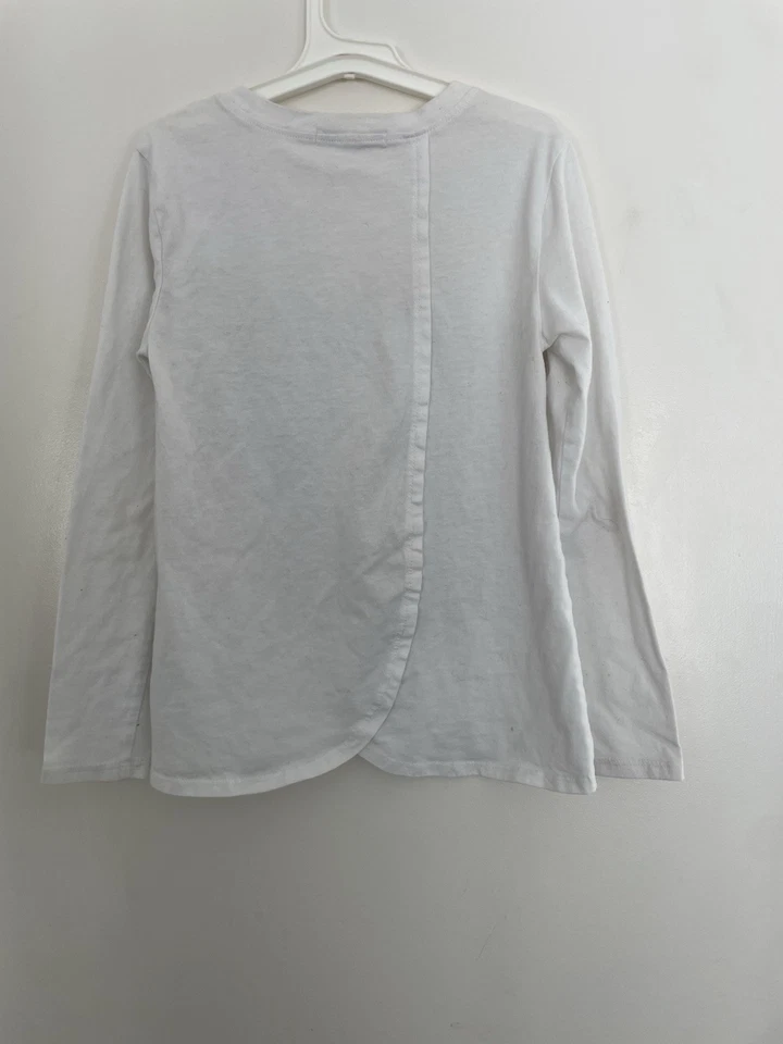 DKNY Kids Girls Glitter Sequin Cotton Blend Curved Hem Long Sleeve Shirt White M - Image 4 of 4